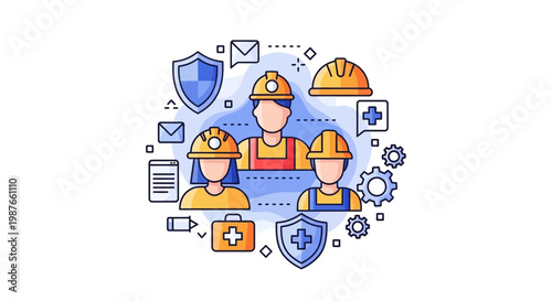 Vector illustration commemorating World Day for Safety and Health at Work, displaying workers in hard hats surrounded by safety icons, conveying a message of workplace accident prevention