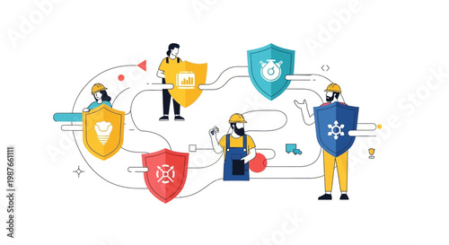 Illustrated characters promote workplace accident prevention, each holding a shield representing different safety icons, set against a clean white background with a flat design