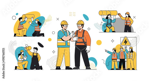 Vector illustration celebrating the World Day for Safety and Health at Work, depicting various workplace accident prevention scenarios with workers in safety gear against a clean white