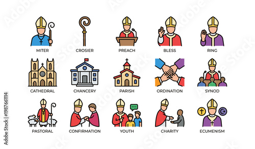 Catholic church symbols and roles: miters, crosiers, and clergy activities