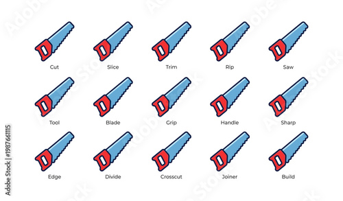 Icon set of hand saws with red handles and blue blades