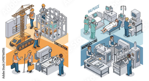 Isometric vector art illustrates World Day for Safety and Health at Work, depicting characters in a construction work environment and a hospital environment, emphasizing workplace accident