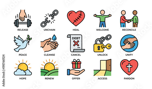 Inspiring icons of release, peace, hope, and renewal with actions and symbols