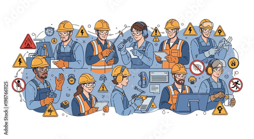 Colorful vector illustration celebrating World Day for Safety and Health at Work, showcasing diverse characters in protective workwear within a connected work environment, highlighting