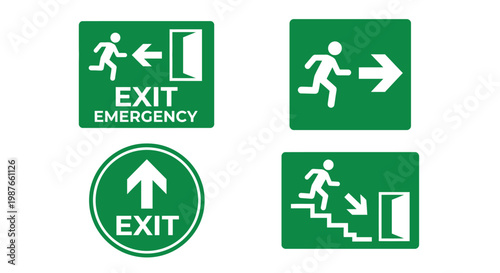 Green emergency exit signs depicting running figures and directional arrows