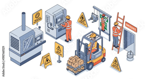 Isometric illustration showing workers in a safe work environment, featuring workplace accident prevention and hazard awareness, with a clean, modern design conveying a sense of security