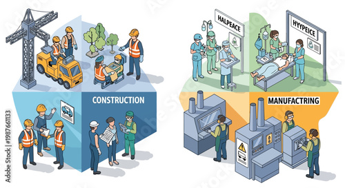 Isometric vector illustration celebrating World Day for Safety and Health at Work, depicting construction and manufacturing workers in a safe work environment, with a bright and informative