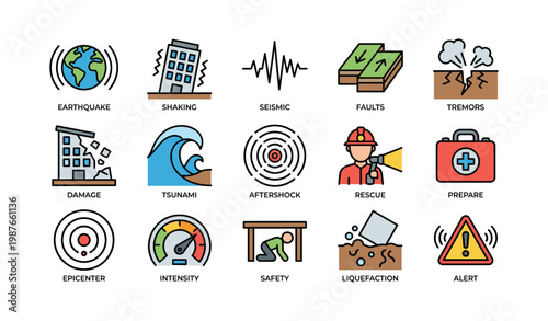 Natural disaster icons: earthquake, tsunami, safety measures, rescue operations, emergency preparedness