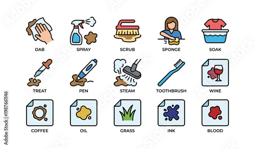 Cleaning and stain removal tools and techniques illustrated with various stains