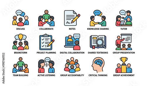 Educational icons for group collaboration and learning with discussions and presentations