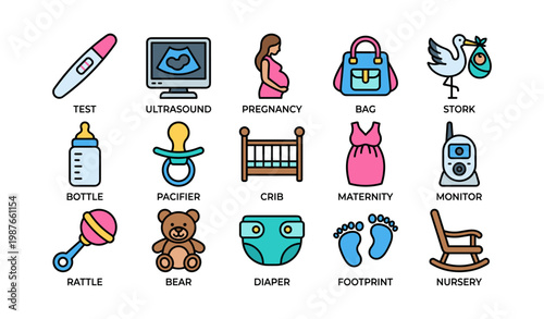 Pregnancy and parenting icons: test, ultrasound, stork, bottle, crib, monitor, rattle, bear