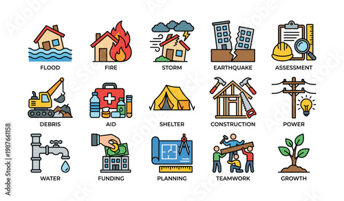 Emergency preparedness icons: flood, fire, storm, earthquake, and more essential symbols