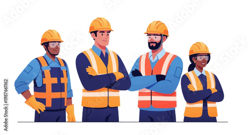 Illustrated characters promoting workplace accident prevention for World Day for Safety and Health at Work, showcasing diverse workers in hard hats and safety vests against a bright white