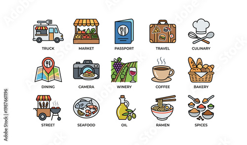 Colorful icons of global culinary travel and cuisine exploration