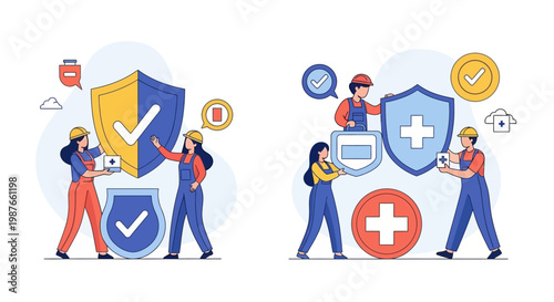 Vector art for World Day for Safety and Health at Work depicts workers in a prevention campaign, holding safety shields with a flat design style, against a clean white background, promoting
