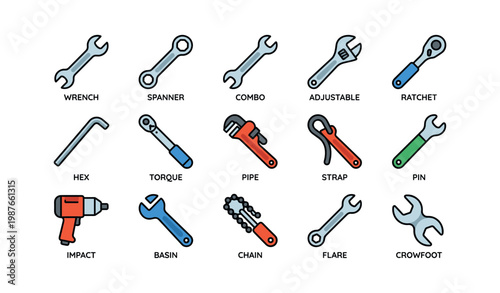 Set of 16 colorful hand tools including wrench, spanner, and pipe