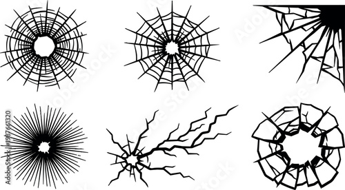 Black shattered glass cracks and spider web vector art set