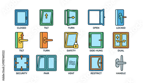 Types of window and door mechanisms: closed, tilt, turn, open, locked, safety, side-hung
