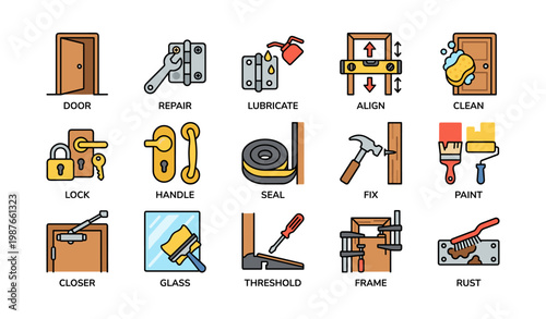 Maintenance tools and tasks icons: door, repair, lubricate, align, clean
