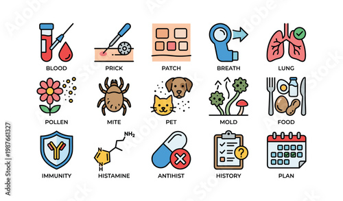 Allergy symptoms and treatments illustrations with medical and environmental icons