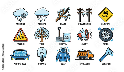 Winter safety and maintenance icons: snow, ice, powerlines, warnings, equipment