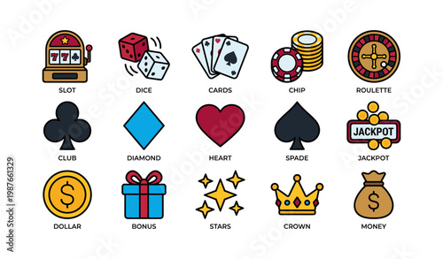 Casino symbols collection: slot, dice, cards, chips, roulette, poker, jackpot icons