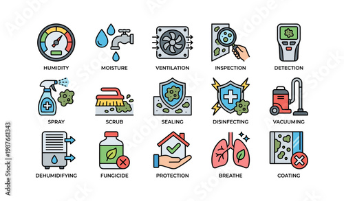 Mold prevention and control icons: humidity, moisture, protection, detection, dehumidifying