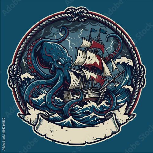 Vintage Octopus Attacking Ship Emblem.