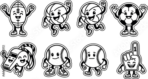 Black and white happy cartoon sports ball characters and foam finger vector art