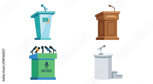 Four cartoon illustrations of podiums and speaking platforms
