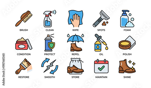 Shoe care icons: cleaning, protection, maintenance, and restoration tools