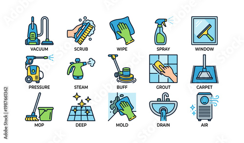 Cleaning equipment icons: vacuum, scrub, wipe, spray, window, pressure, steam, buff, grout, carpet