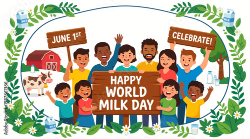 Cheerful diverse group holding World Milk Day wooden boards near dairy farm, eps vector illustration.