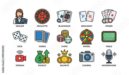 Colorful casino game icons including roulette, dice, cards, chips, and jackpot symbols