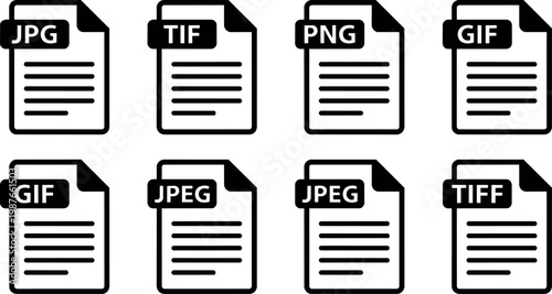 Black and white file type icons for jpg tif png gif jpeg and tiff formats