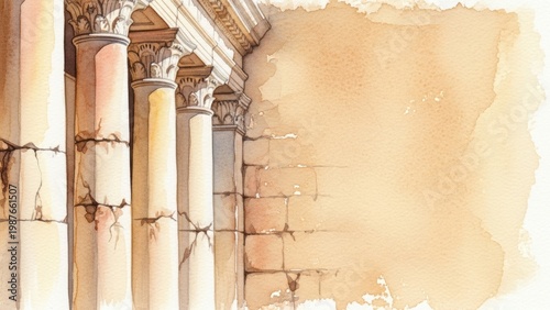 Watercolor background of ancient Roman or Greek columns.