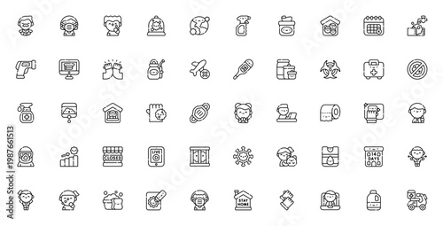 Quarantine icon set. Vector symbols for yoga, mask, virus, disinfectant, working from home, social distance, health safety and pandemic. Editable stroke.