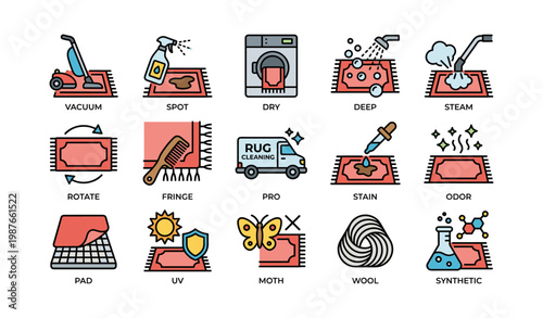 Comprehensive carpet cleaning icons: vacuum, spot, dry, deep, steam, rotate, fringe