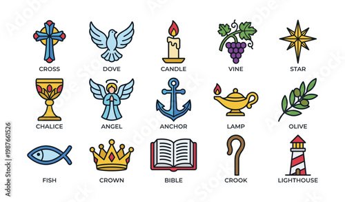Colorful religious symbols: cross, dove, candle, chalice in icon set