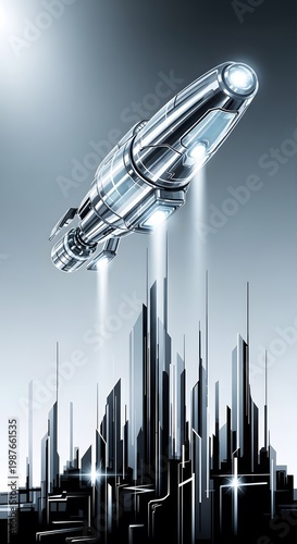 Futuristic Spacecraft Launching Toward Orbit with City Skyline