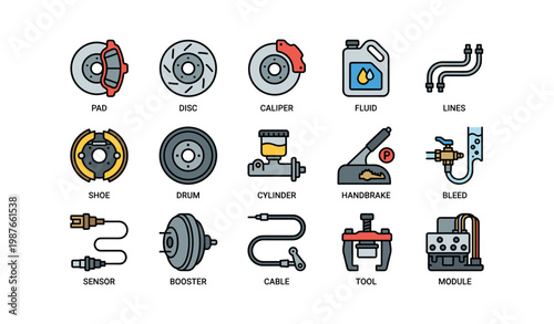Car brake system components diagram with caliper, fluid, drum, cylinder, and more