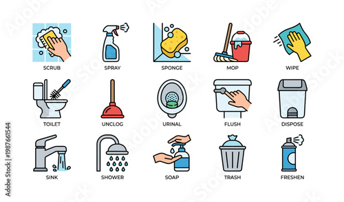 Cleaning icons set: scrub, spray, sponge, mop, wipe, unclog, flush, dispose, freshen