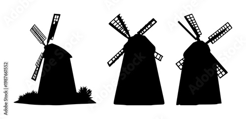 Windmill set with black silhouette against white background featuring windmill, silhouette, nature with minimalism and line art