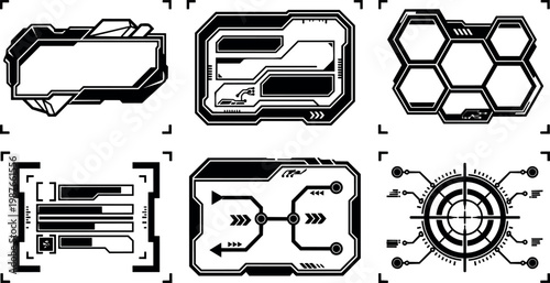 Black and white futuristic sci fi interface elements with digital frames and hexagonal shapes