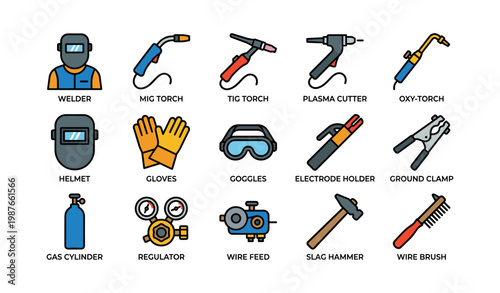 Welding tools and equipment icons including welder, torch, and safety gear