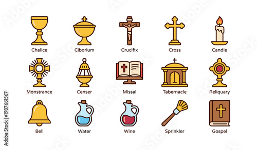 Religious icons: chalice, ciborium, crucifix, candle, monstrance, censer, missal, tabernacle