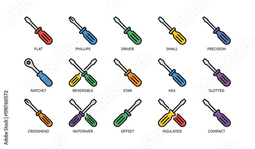 Vector set of various screwdrivers: flat, phillips, ratchet, and more