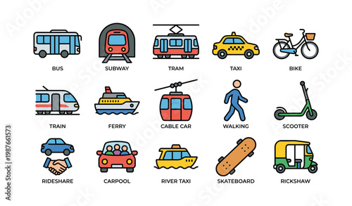 Various modes of transportation icons: bus, subway, tram, taxi, bike, and more