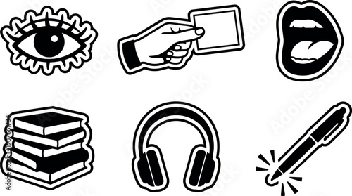 Black and white line art icons of eye hand holding card mouth books headphones and pen
