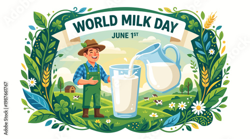 Happy farmer pouring fresh milk into glass for World Milk Day celebration, eps vector illustration.